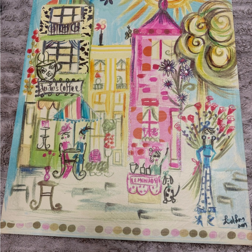 Liesl Long Whimsical Street Scene Canvas Print – Glitter Embellished, Signed Art